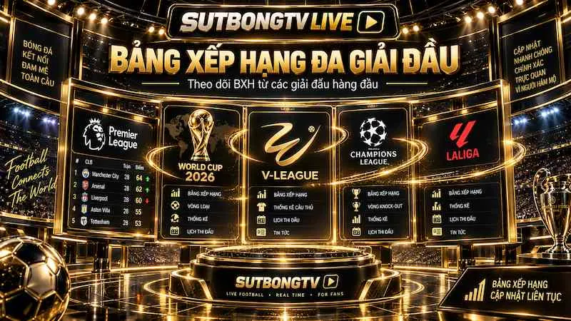 Bảng xếp hạng cung cấp vị trí các đội bóng của Premier League, World Cup, Champions League, V-League và nhiều giải đấu khác