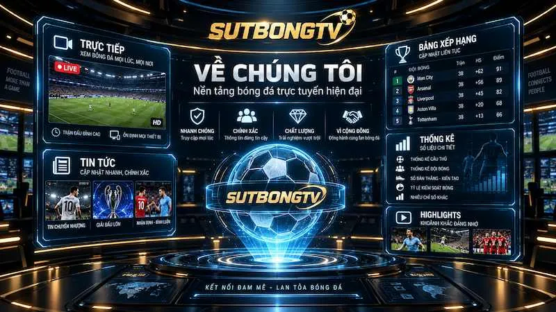 Trang giới thiệu Sutbong TV với các chuyên mục trực tiếp, tin tức, bảng xếp hạng và thống kê bóng đá